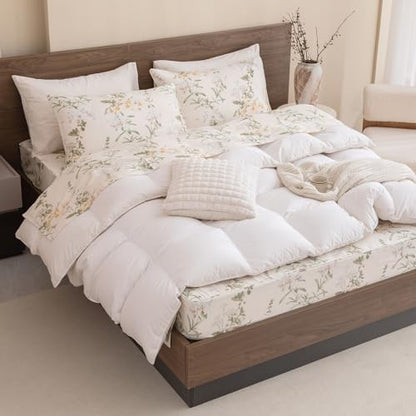 QSH Floral King Size Sheet Sets - 100% Egyptian Cotton Floral Bedding Sheets Yellow Green Leaves Flower Pattern Printed Bedding King Size Bed Sheets 17.5" Extra Deep Pocket 4pcs