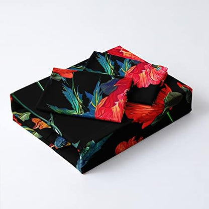 Black Floral Duvet Cover Set Full Size Comforter Cover Sets 80"x90" 3 Pieces Bedding Soft Lightweight Flower Bed Sets
