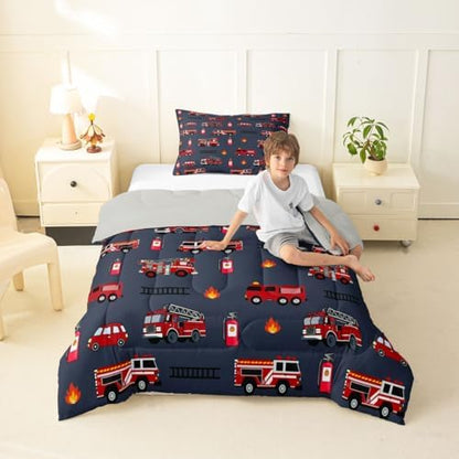 Feelyou Fire Truck Comforter Set Twin Size Emergency Fire Engine Bedding Set for Kids Boys Girls Firemen Car Vehicle Duvet Quilt Bedroom Decor Microfiber 2 Pcs with 1 Pillow Case