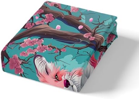 Feelyou Kids Fox Duvet Cover Toddler Cherry Blossoms Bedding Set Boys Girls Japanese Style Comforter Cover Set Cute Kawaii Animal Pattern Sakura Flower Bedspread Cover（No Comforter