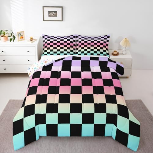 Multicolored Checkered Retro Comforter Set Twin Size Geometric Vintage Bedding Set for Kids Boys Girls Gradient Pink Green Duvet Quilt Modern Groovy Aesthetic Bedroom Decor 2 Pcs with 1 Pillow Cases