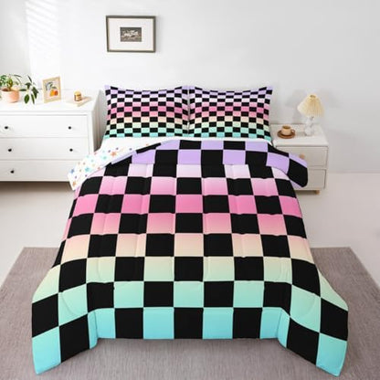 Multicolored Checkered Retro Comforter Set Twin Size Geometric Vintage Bedding Set for Kids Boys Girls Gradient Pink Green Duvet Quilt Modern Groovy Aesthetic Bedroom Decor 2 Pcs with 1 Pillow Cases