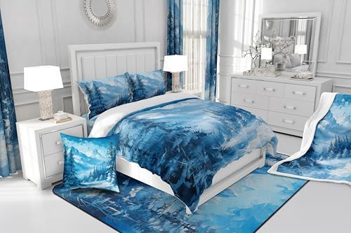 Snow Scenery Woodland Comforter Set King Size,Pine Tree Winter Theme Bedding Set for Kids Boys Girls Room Decor,Snowmountain Nature Scenery Duvet Insert 3Pcs,Rustic Style Quilt Set,2 Pillowcases