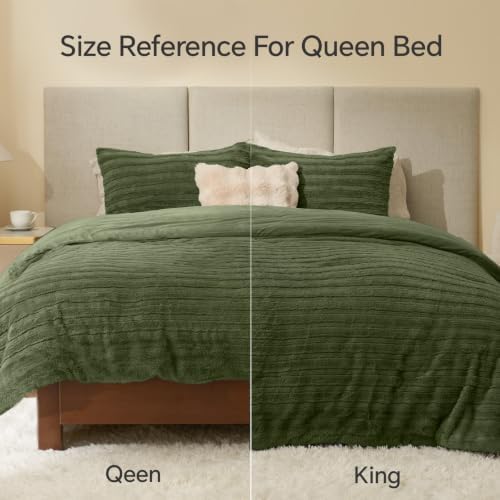 BEDELITE Faux Fur King Size Comforter Set, Fluffy Bed Set, Olive Green