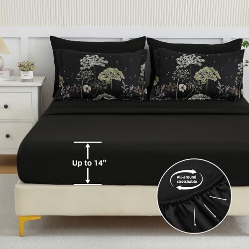 Yiran Floral Full Size Comforter Set, Black Dandelion Plant Botanical Comforter Bedding Set, 7 Piece Summer Bed in a Bag, Soft Microfiber Complete Bedding Set with Sheets for All Season