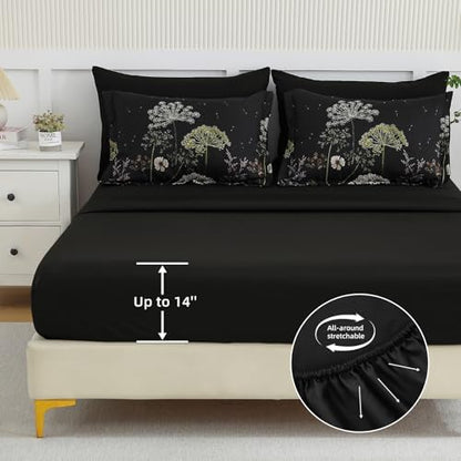 Yiran King Size Comforter Set, 7 Piece Comforter Floral Black Green Bedding Set, Soft Bed in a Bag King, Comforter, Sheets, Pillowcases & Shams