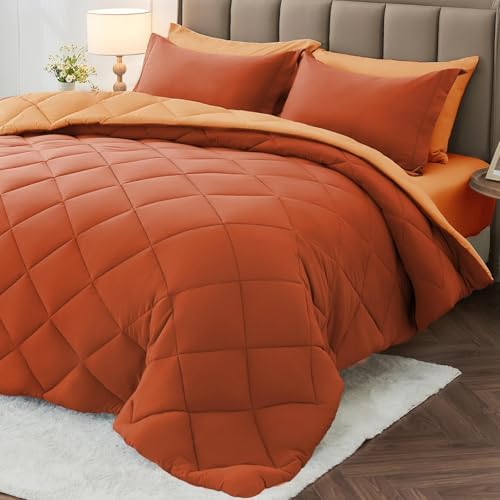 MUXHOMO 7 Pieces Full Comforter Set, Reversible Bed in a Bag Full Size, All Season Bedding Set with Comforter, Flat Sheet, Fitted Sheet, Pillowcases & Shams, Burnt Orange & Camel