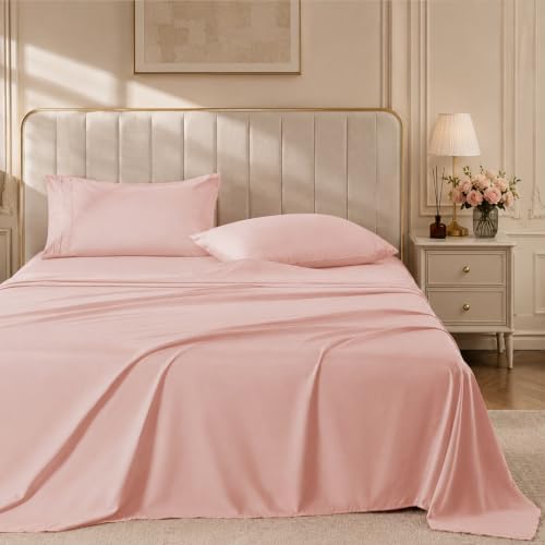 ROSE&RISY Pink Sheet Set, 4 Pieces Soft Bedding Queen Sheet Set, Breathable and Cooling,Includes 1 Fitted, 1 Flat, 2 Pillow Cases - Deep Pocket(Pink, Queen)