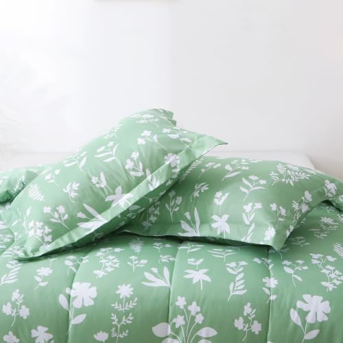 Mooreeke Twin Size Comforter Sets, Lightweight Dark Green with White Flower Patterned Bedding for All Seasons, 2-Piece Vintage Bed in a Bag with Fluffy Quilted Reversible Comforter & Pillow Sham