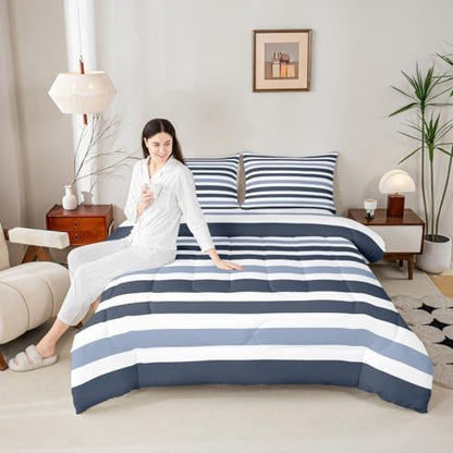 Homewish Stripe Art Comforter Set King Size,Blue and Navy Blue Bedding Sets 3Pcs for Kids Girls Boys Women Room Decor,Modern Simple Quilted Duvet Abstract Stripes Down Comforter,2 Pillowcases