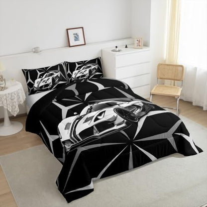 Castle Fairy Grey Race Car Bedding Set King Size,Racing Cars Extreme Sports Comforter Set for Adult Men Bedroom,Speed Sport Car Abstract Art Ultra Soft Bedding Set with 2 Pillowcases,3Pcs