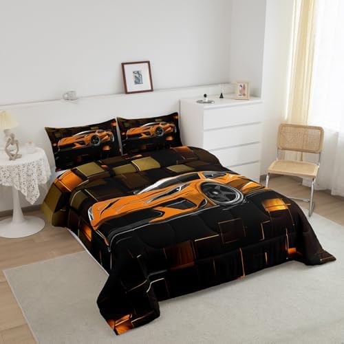 Erosebridal Boys Race Car Bedding Set Queen Size Orange Racing Car Comforter Set 3 Pieces Modern Geometric Grid Bedding Comforter Sets Cool Speed Car Down Comforter for Kids Teens