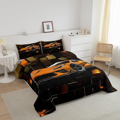 Erosebridal Boys Race Car Bedding Set Queen Size Orange Racing Car Comforter Set 3 Pieces Modern Geometric Grid Bedding Comforter Sets Cool Speed Car Down Comforter for Kids Teens