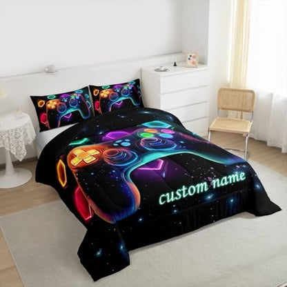 Customized Game Consoles Gaming Bedding Set Queen, Gamer Gifts, Custom Name Comforter Sets for Boys, Space Glow Geometric Kids Comforter Set, Red Green Blue Teal, Gamer Room Decor