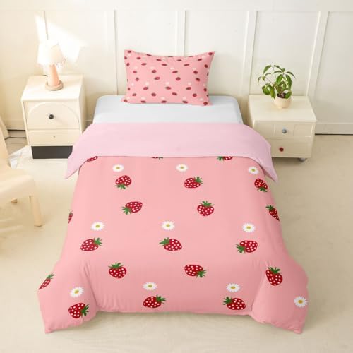 Strawberry Comforter Cover Set Tropical Fruit Bedding Set for Girls Kids Teen Cute Cartoon Fruits Pattern Duvet Cover Soft Microfiber Reversible Bedspread,1 Duvet Cover with 1 Pillowcase, Twin