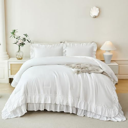 ANGIYUIN 5 Pieces White Twin Size Comforter Set Double Ruffled Bed in A Bag