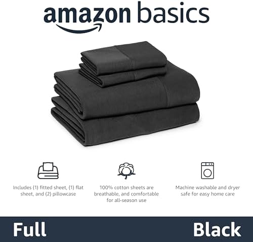 Amazon Basics 100% Cotton Jersey Bed Sheet Set, Full Size, Breathable and Comfortable, Machine Washable, Black, Solid