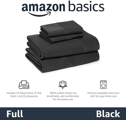 Amazon Basics 100% Cotton Jersey Bed Sheet Set, Full Size, Breathable and Comfortable, Machine Washable, Black, Solid
