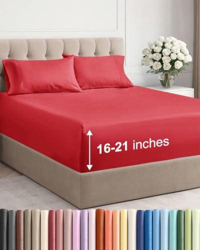 Extra Deep Pocket King Size Sheet Set - Breathable & Cooling - Red