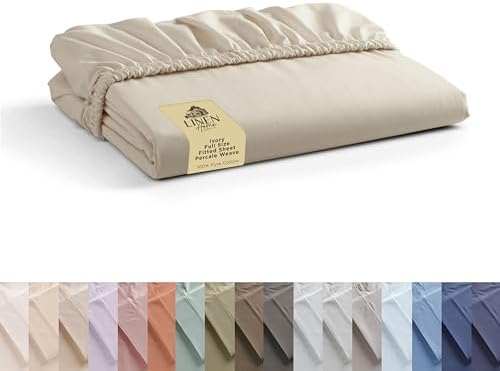 Linen Home 100% Cotton Percale Fitted Sheet only, Full Size, Ivory