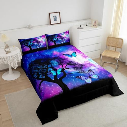 Blue Butterfly King Comforter Set for Girls Purple Starry Sky Bedding Cute Butterfly Bedding Comforter Sets Gradient Galaxy Dream Themed Duvet Insert for Boys Teens Kids Lovely Insect Decor Quilt