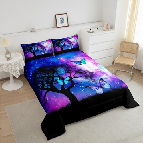 Blue Butterfly Full Comforter Set for Girls Purple Starry Sky Bedding Cute Butterfly Bedding Comforter Sets Gradient Galaxy Dream Themed Duvet Insert for Boys Teens Kids Lovely Insect Decor Quilt