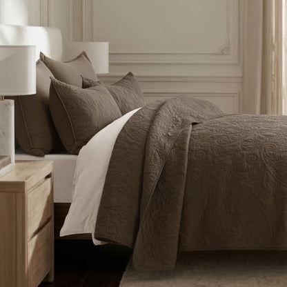 EVERGRACEHOME 100% Cotton Paisley Quilt Set, King Size, Cocoa Brown
