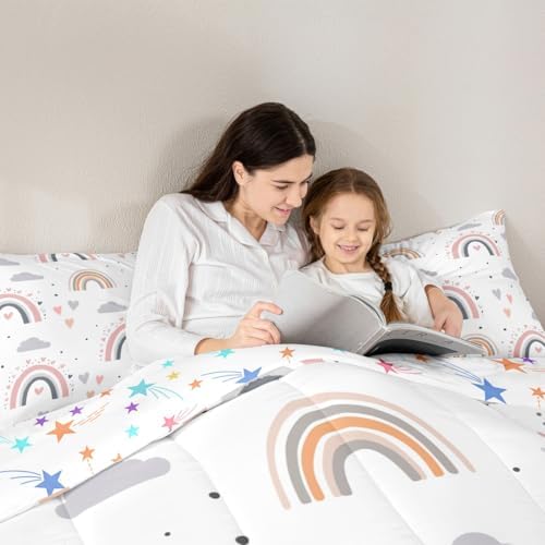 Rainbow Queen Bedding Sets For Girls, Kawaii Cloud Comforter Set 3 Pieces With 2 Pillow Cases, Pink Love Heart Down Comforter For Kids Boys Women Adult, Hand Drawn Cartoon Rainbow Duvet Insert