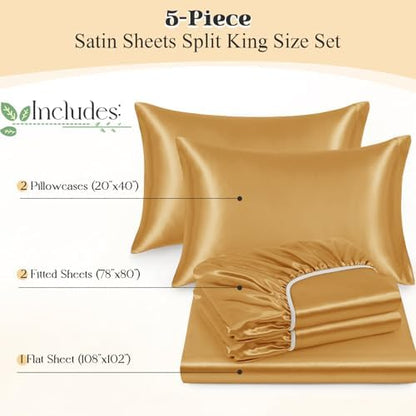 SiinvdaBZX 5-Piece Gold Satin Sheets Split King Size Set