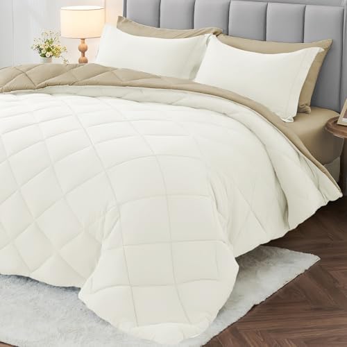 MUXHOMO 7 Pieces California King Comforter Set, Reversible Bed in a Bag Cal King Size, All Season Bedding Set with Comforter, Flat Sheet, Fitted Sheet, Pillowcases & Shams, Ivory & Khaki