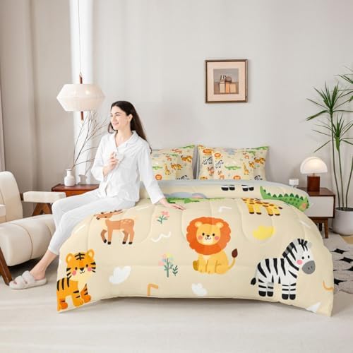 Erosebridal Kids Zoo Animal 7 Piece Comforter Set Full for Nursery Bedroom | Cute Wild Animals Bedding Set Lion Elephant Crocodile Wildlife Sheets Safari Wild Print Quilt Natural Theme Bed Set