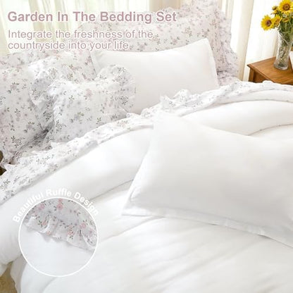 WONGS BEDDING 8PC Queen Comforter Set, Ruffle Comforter with Floral Sheets
