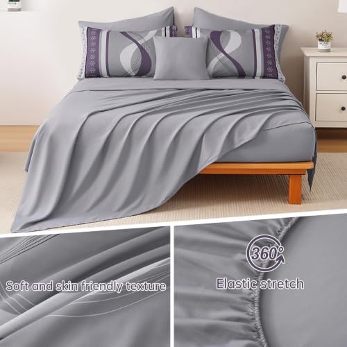 Grey Purple Comforter Set King Size,8 Pieces Patchwork Striped Bed in a Bag