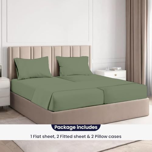 SGI Split King Sheet Set for Adjustable Bed Egyptian Premium Cotton Sheets for Sleep Number Bed 15" Deep Pocket 5 Pc Set with 2 Twin XL Fitted Sheets Soft Breathable - Moss