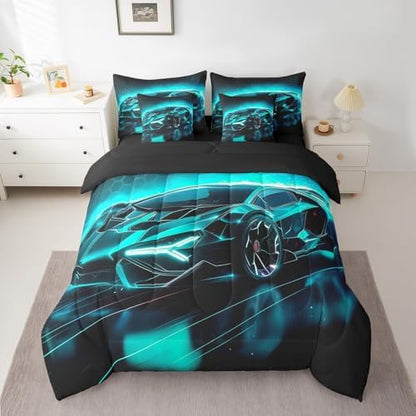 Feelyou Kids Sports Car Bed in a Bag King Size Race Car Comforter Set with Sheets for Kids Teens Boys Girls Extreme Sports Theme 7 Piece Bedding Set Speed Luxury Car Bed Set