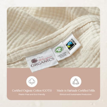 100% Cotton Organic Muslin Throw Blanket for Adults GOTS & Fairtrade Certified Organic Cotton - Couch Living Room and Bedroom Decor - 4 Layer Super Soft and Cozy (Natural, Queen)