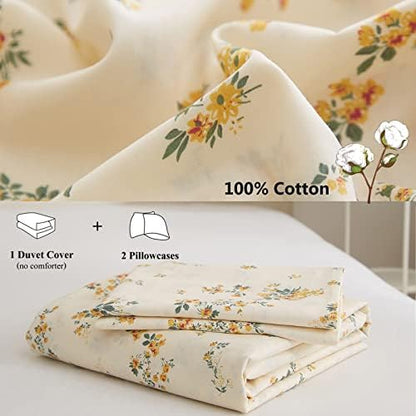 VM VOUGEMARKET Yellow Floral Duvet Cover Queen 3 Pieces Cotton Girls Cottagecore Bedding Set,Rose Flower Comforter Cover with Zipper Closure,Vintage Country Bedding 90x90