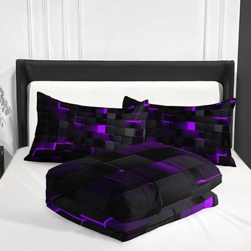 Nttopship Neon Purple Black Comforter Set Queen Geometric Kids Bedding Set,3 PCS Geometry Honeycomb Bed Set Modern Quilt Set 1 Comforter 2 Pillow Cases Cool Room Decor All Season B-Side Black