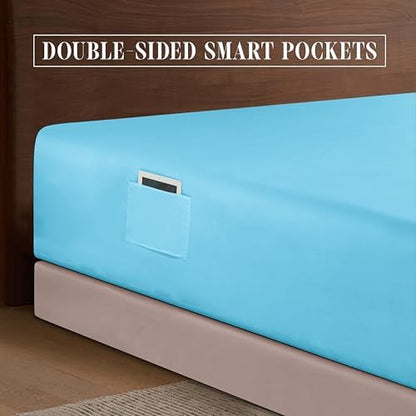 Elegant Comfort 1500 Premium Hotel Quality 18-24 Inches Deep - Extra Deep Pocket Single Fitted Sheet for High Mattress, Luxury and Softest, Smart Pocket - Wrinkle Free, Queen, Aqua Blue