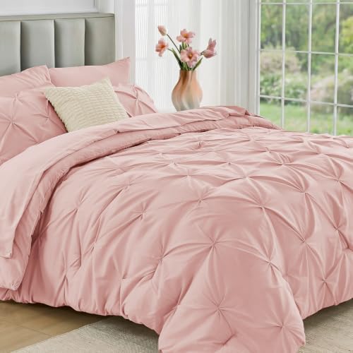 JOLLYVOGUE Twin Comforter Set 5 Pieces - Bed in a Bag Twin for All Season, Pintuck Bedding Comforter Sets with Comforter, Flat Sheet, Fitted Sheet and Pillowcases & Shams, Rose Gold