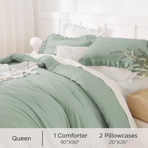Andency Green Queen Comforter Set, 3 Pieces Farmhouse Shabby Chic Bedding