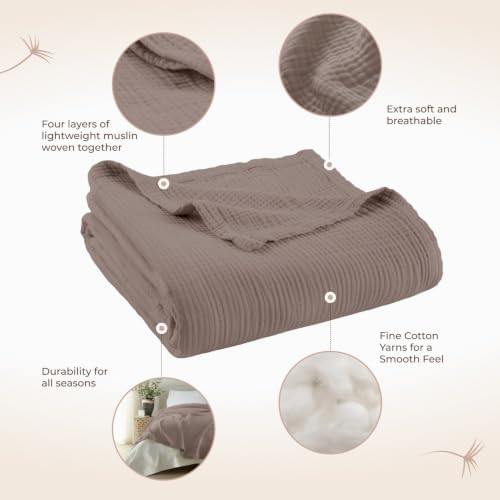 100% Cotton Organic Muslin Throw Blanket for Adults GOTS & Fairtrade Certified Organic Cotton - Couch Living Room and Bedroom Decor - 4 Layer Super Soft and Cozy (Moon Rock, King)