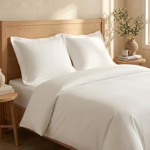 BIOWEAVES 100% Organic Cotton Full/Queen Duvet Cover Set, 3-Piece, 300 Thread Count Sateen Weave GOTS Certified Comforter Cover with Buttoned Closure and 2 Pillow Shams – White, 90x90 inches