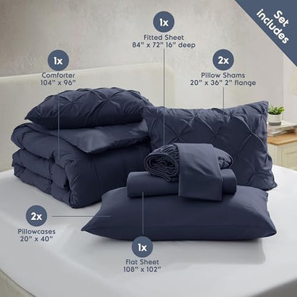 Nestl 9 Piece California King Comforter Set – Navy Pinch Pleated Bed in a Bag – Complete Cal King Size Bedding Set with Sheets, Set of 2 Cooling Pillows, Pillowcases and Shams
