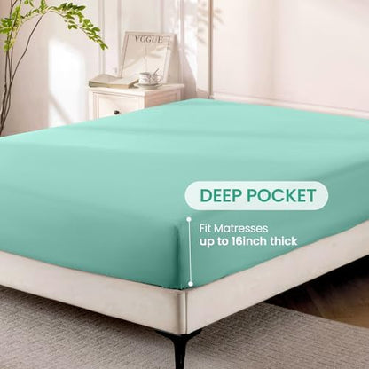 ROSE&RISY Light Green Queen Sheet Set, 4 Pieces Soft Bedding Sheet Set, Breathable and Cooling,Includes 1 Fitted, 1 Flat, 2 Pillow Cases - Deep Pocket (Light Green, Queen)