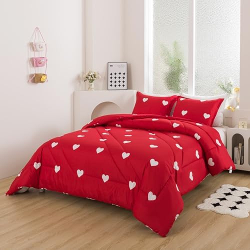 Caressma Love Comforter Set Twin Size - Cute White Heart Print Red Bedding Comforter with Matching Pillowshams