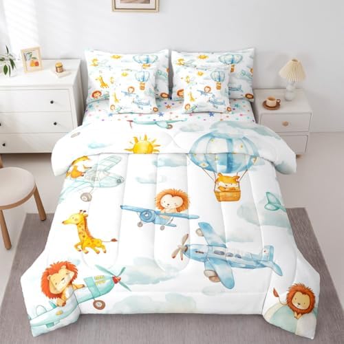 Erosebridal Cute Airplane Comforter Set with Sheets King Size, Cartoon Aircraft 7 Pcs Bedding Set, Lovely Lion Giraffe Hamster Wildlife Bed in A Bag, White Cloud Bed Sets for Boys Kids Girls Adults