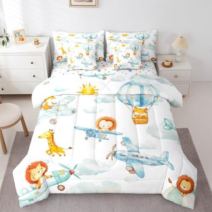 Erosebridal Cute Airplane Comforter Set with Sheets King Size, Cartoon Aircraft 7 Pcs Bedding Set, Lovely Lion Giraffe Hamster Wildlife Bed in A Bag, White Cloud Bed Sets for Boys Kids Girls Adults