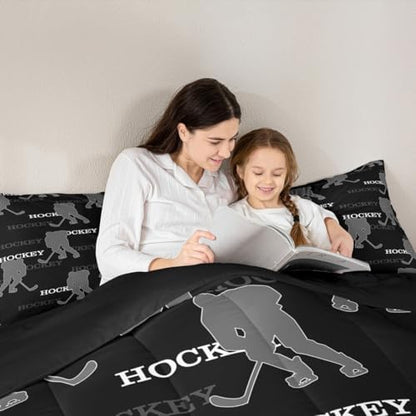 Ice Hockey Kids Bedding Set Queen Size, Comforter Set,Winter Sports Modern Quilt Comforter,Black Gray Bedroom Duvet Insert,2 Pillowcases