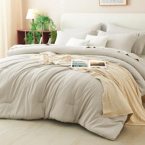 CozyLux Oversized Queen Comforter Set Beige, 7 Pieces Bed in a Bag
